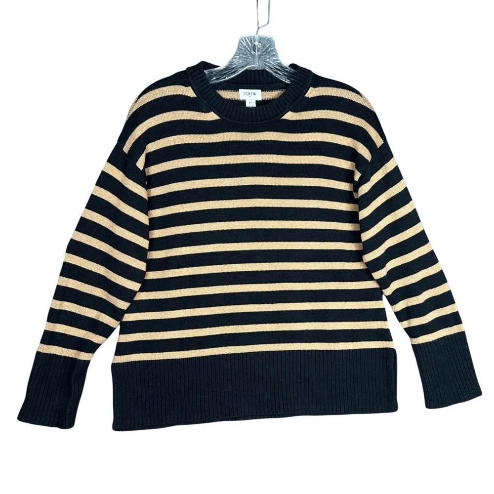 J.Crew Womens Striped Cotton Sweater XS Preppy Navy Tan Crewneck Pullover